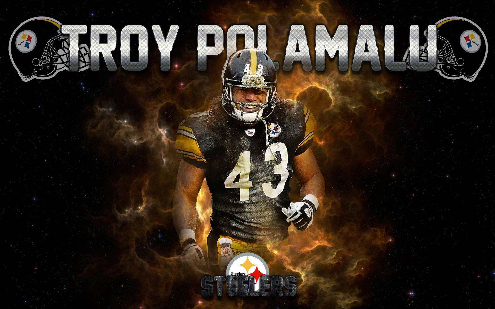 Troy Polamalu 足球員身穿 Steelers 球衣，背景為宇宙火焰。
