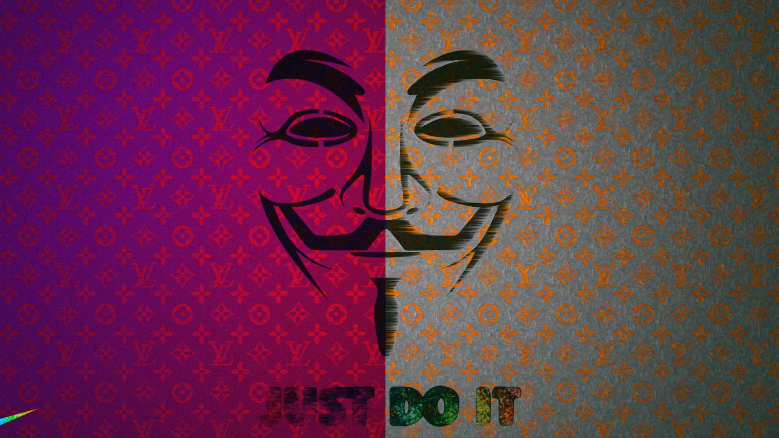 匿名中的力量——融合「Just Do It」與《V字仇殺隊》藝術 壁紙 — 一個分屏嘅 Guy Fawkes 面具，背景係 Louis Vuitton 圖案，下面有 'JUST DO IT' 文字。