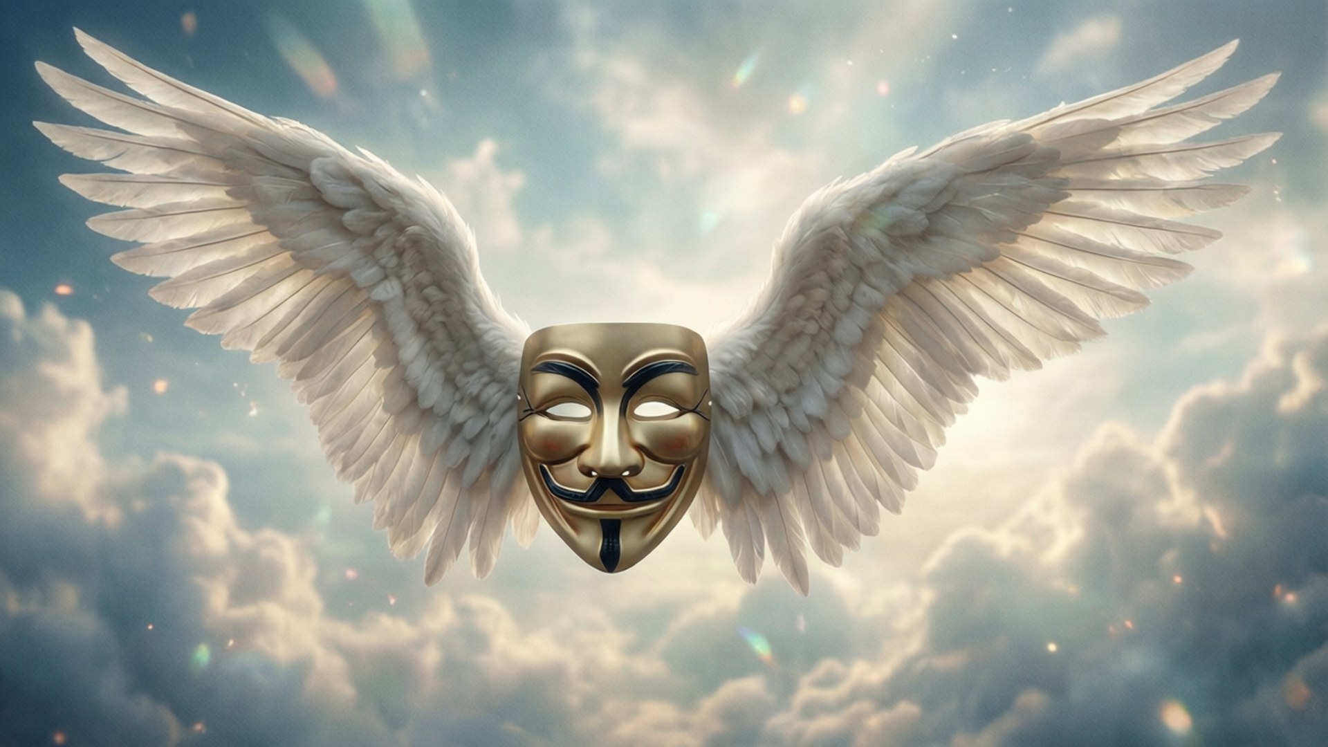 金色的蓋伊·福克斯面具，帶有白色天使翅膀，在明亮的天空中飛翔。