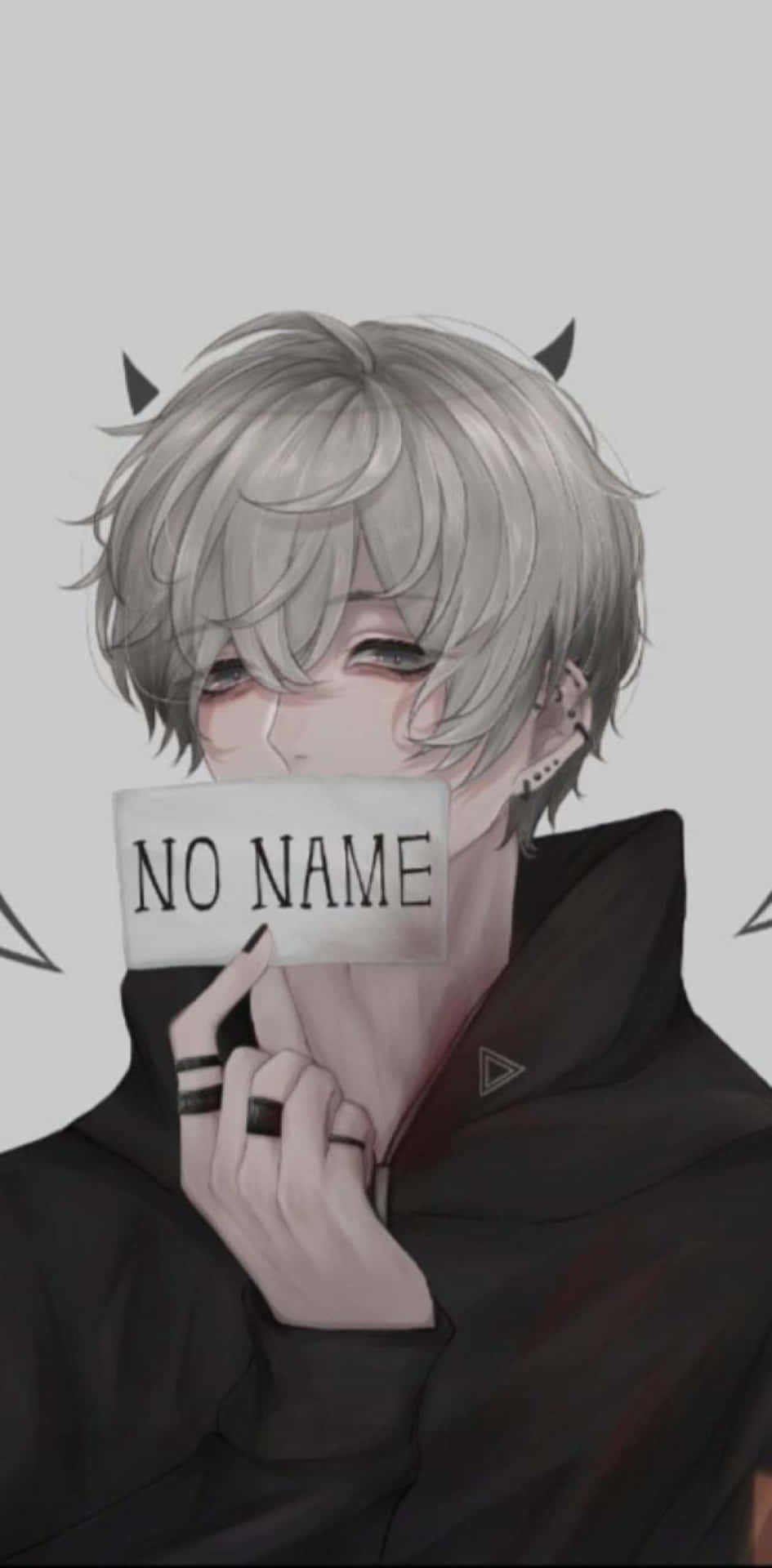 灰色頭髮、長角的動漫角色，拿著一個寫著no name的牌子。