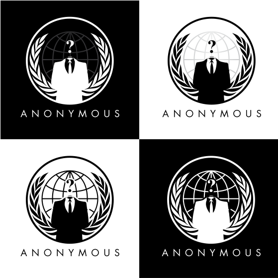 匿名組織標誌變體 壁紙 — 三個白色 Anonymous 標誌，帶有問號頭部和月桂花環，背景為黑色。