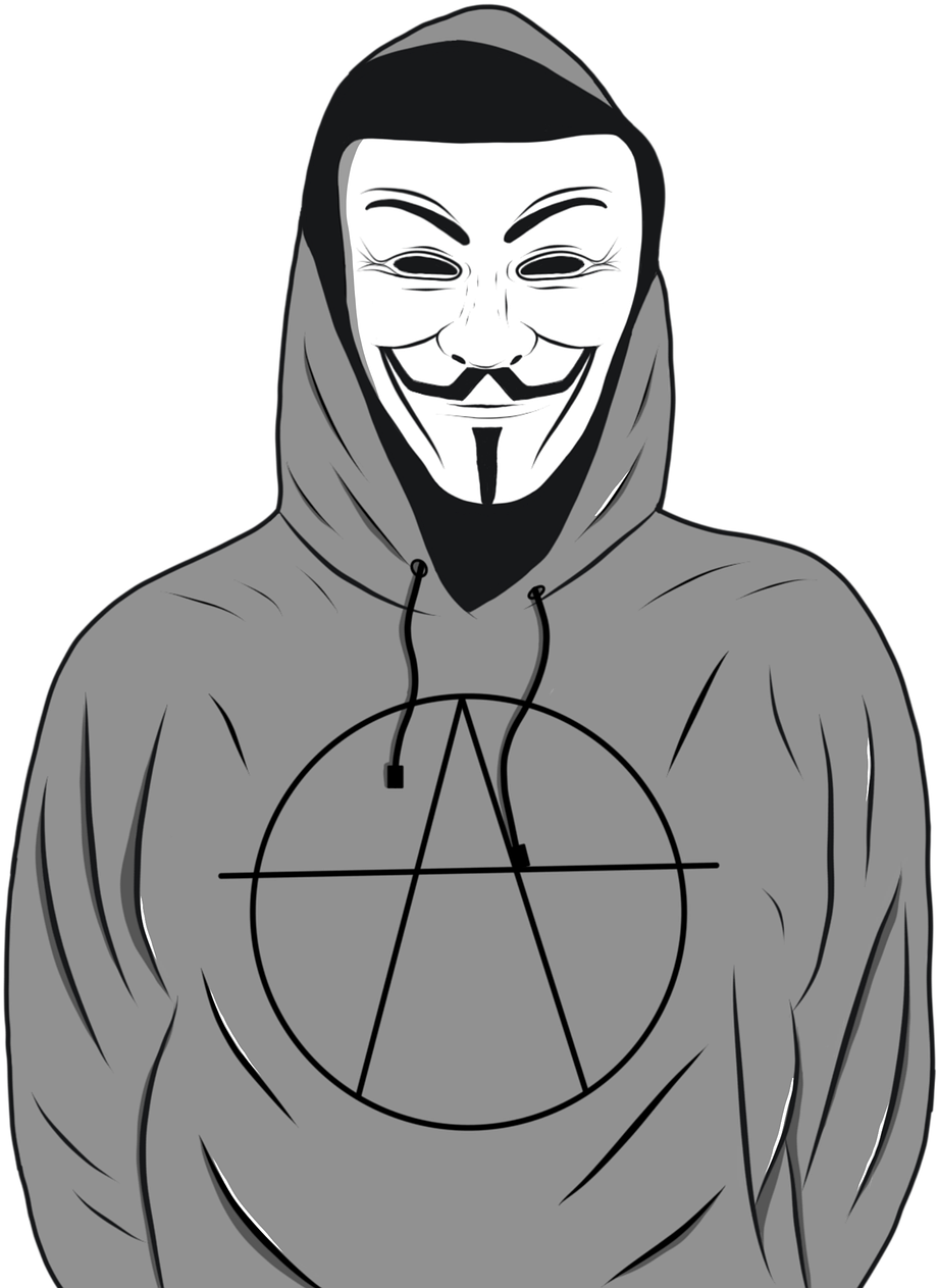 匿名組織面具與連帽衫 壁紙 — 一個人穿著灰色連帽衫，戴著標誌性的蓋伊·福克斯面具，胸前有無政府主義符號，背景為黑色。