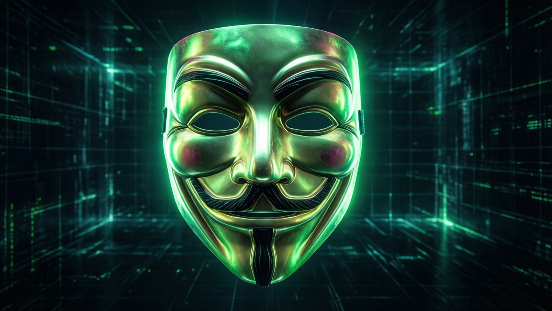 匿名者於虛無 壁紙 — 一個發光的綠色金屬蓋伊·福克斯面具在黑暗的數碼網格走廊中閃耀，帶有霓虹線條。