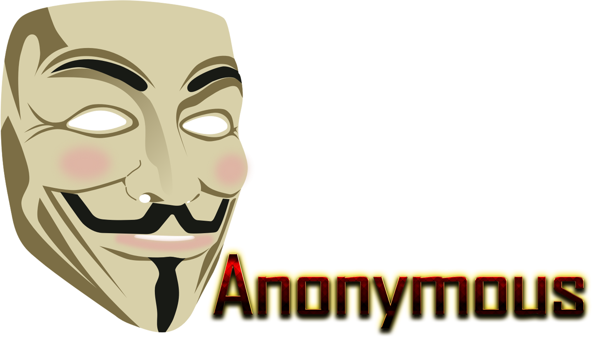 匿名者面具圖形 壁紙 — 一個米色 Guy Fawkes 面具，帶有玫瑰色臉頰和鬍鬚，在黑色背景上微笑，旁邊有發光黃色文字的 Anonymous 字樣。