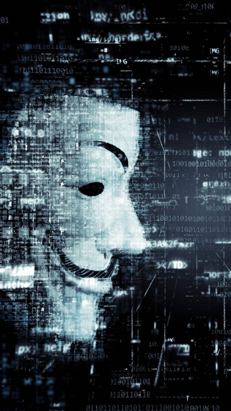 匿名與數位媒介 壁紙 — 一個戴面具的人物從故障的數位代碼和二進位文字中出現，以賽博龐克為主題的壁紙。