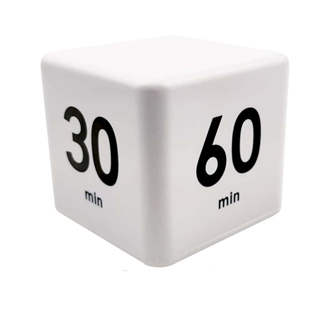 白色立方體計時器，以粗體黑色文字顯示30和60分鐘。