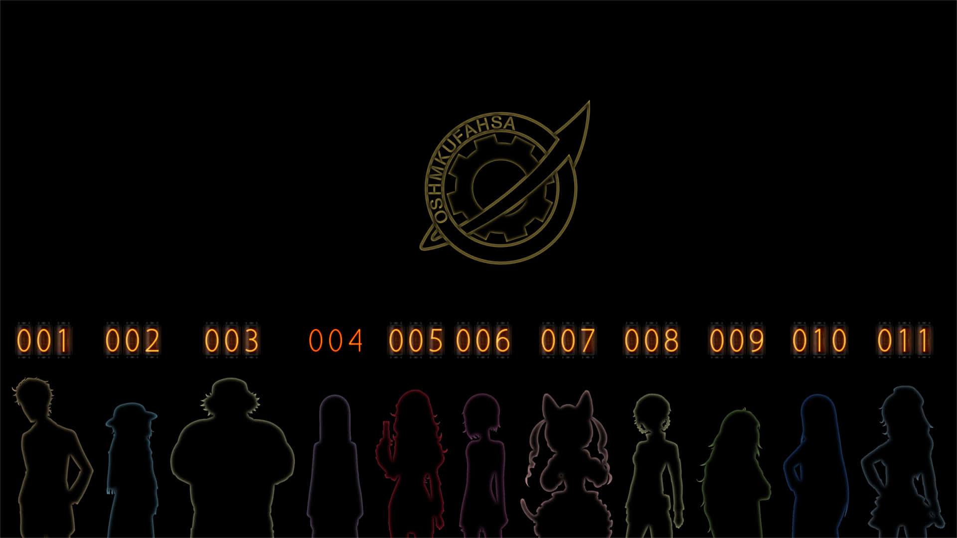 Steins Gate 桌布 壁紙 — 十一個動漫角色的剪影以發光霓虹色彩勾勒，站在發光標誌和編號序列下方，背景為黑色。