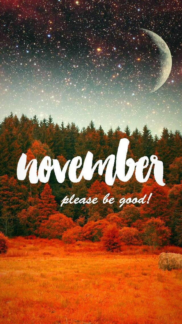 夜晚的秋日森林，有星星、月亮和文字november please be good