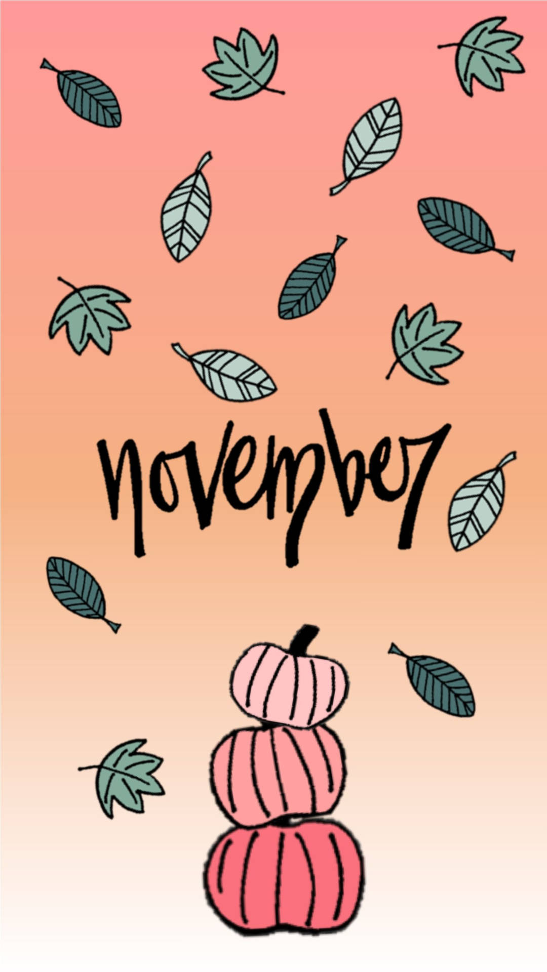 堆疊的粉紅色南瓜和落下的綠葉，帶有單詞november，背景為桃色漸變。