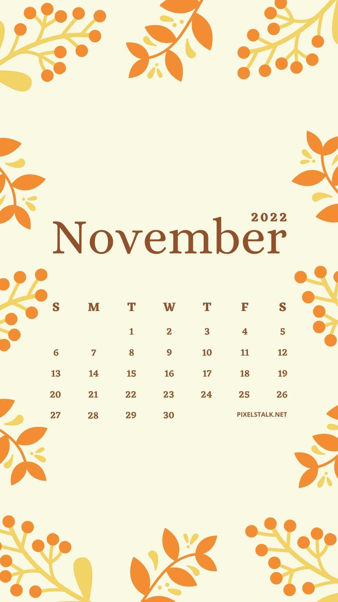 2022年11月月曆，米色背景上有橙色樹枝葉片。