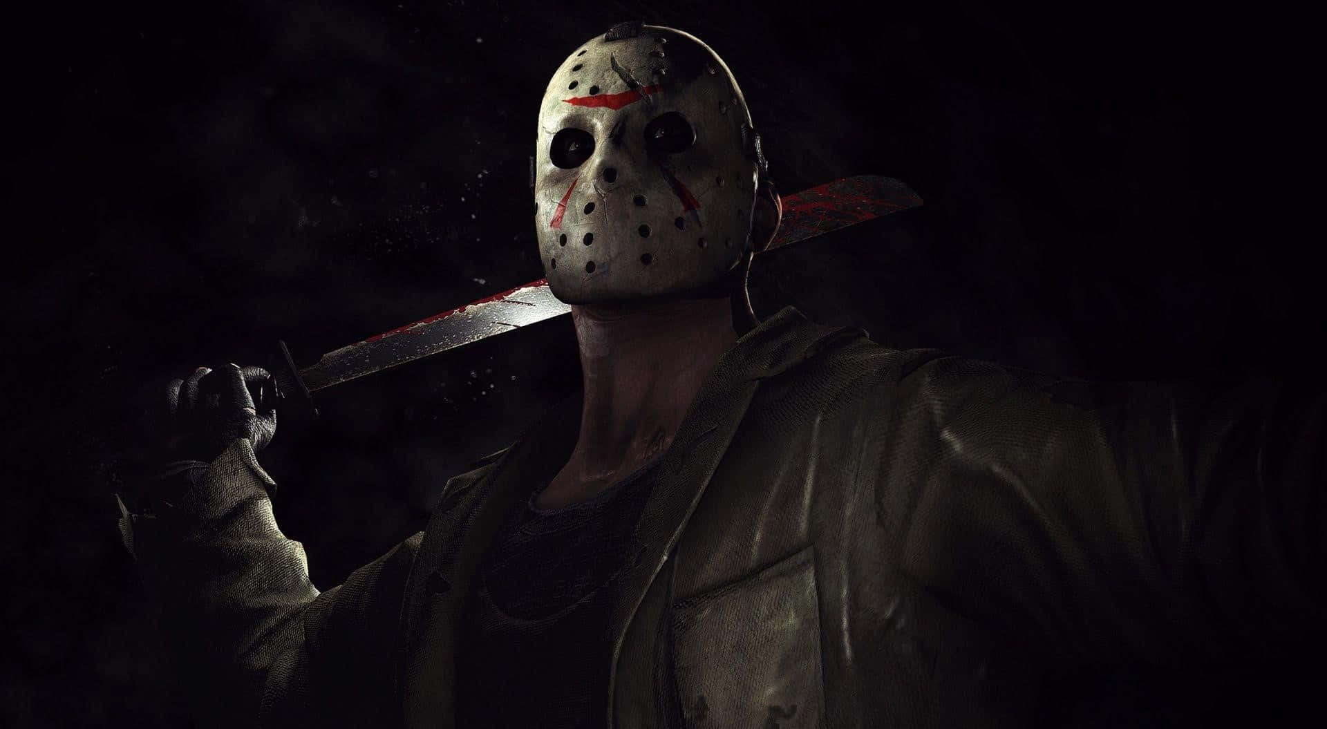 恐怖角色 Jason Voorhees 在黑暗環境中手持血淋淋的砍刀。 — 傑森·沃赫斯 壁紙