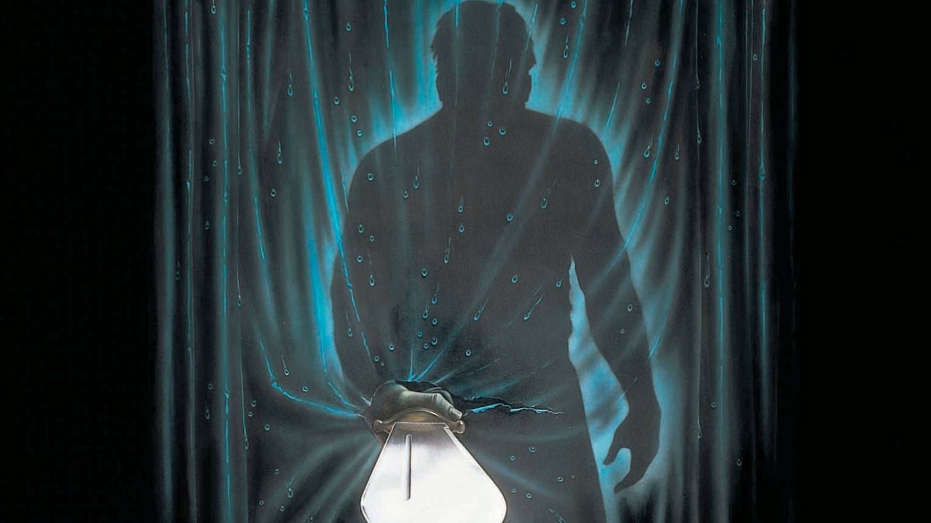 發光藍色窗簾後的人影剪影，帶有雨滴和腰間的燈泡。