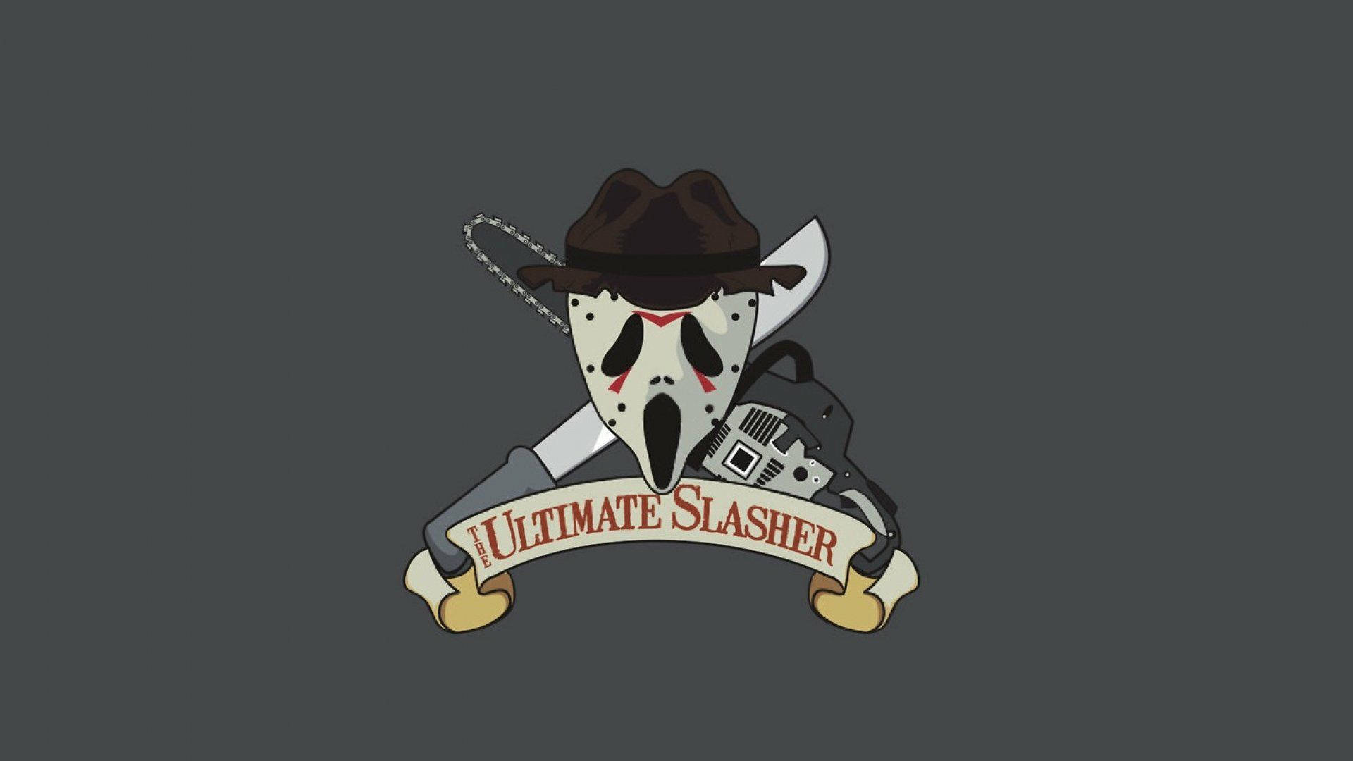 恐怖標誌，戴面具的人物手持電鋸和彎刀，橫幅寫有「Ultimate Slasher」。