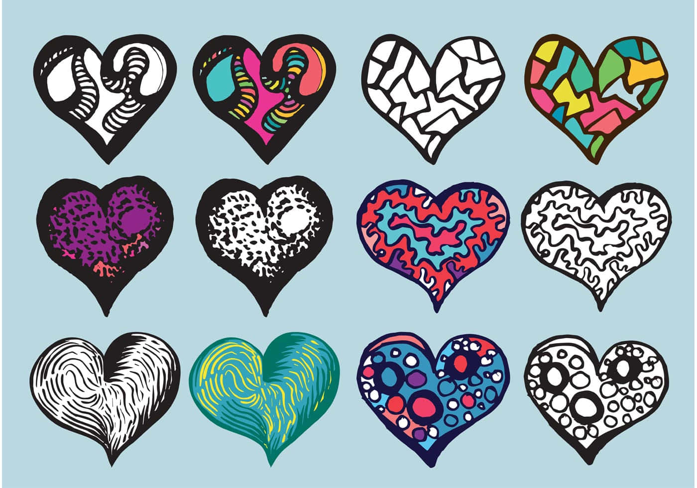 Heart Doodle 桌布 壁紙 — 十二個風格化的心形，帶有獨特的抽象圖案和鮮豔色彩，漂浮在柔和的藍色背景上。