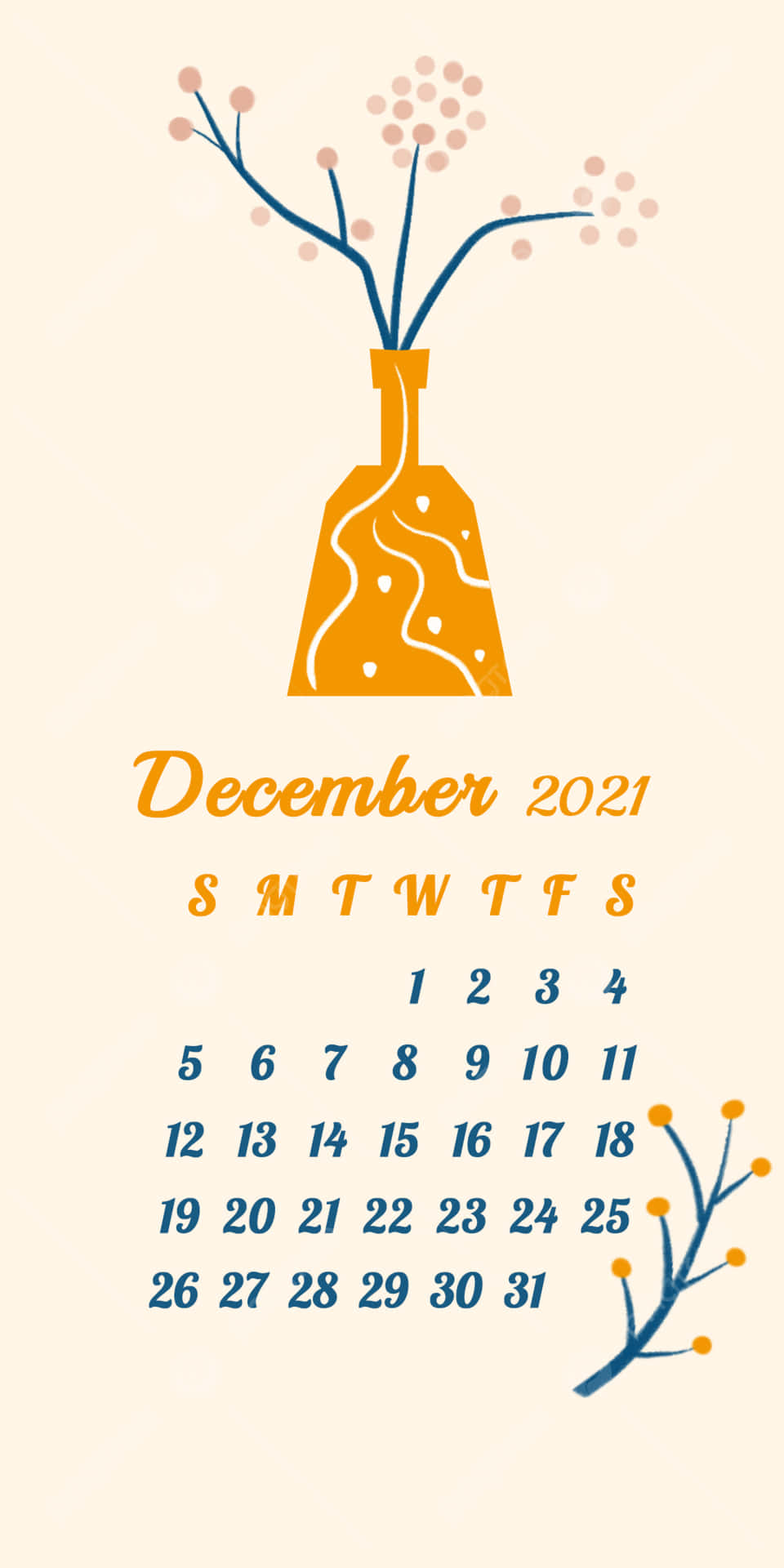 2021年12月月曆，帶有裝飾性樹枝和一個橙色花瓶。