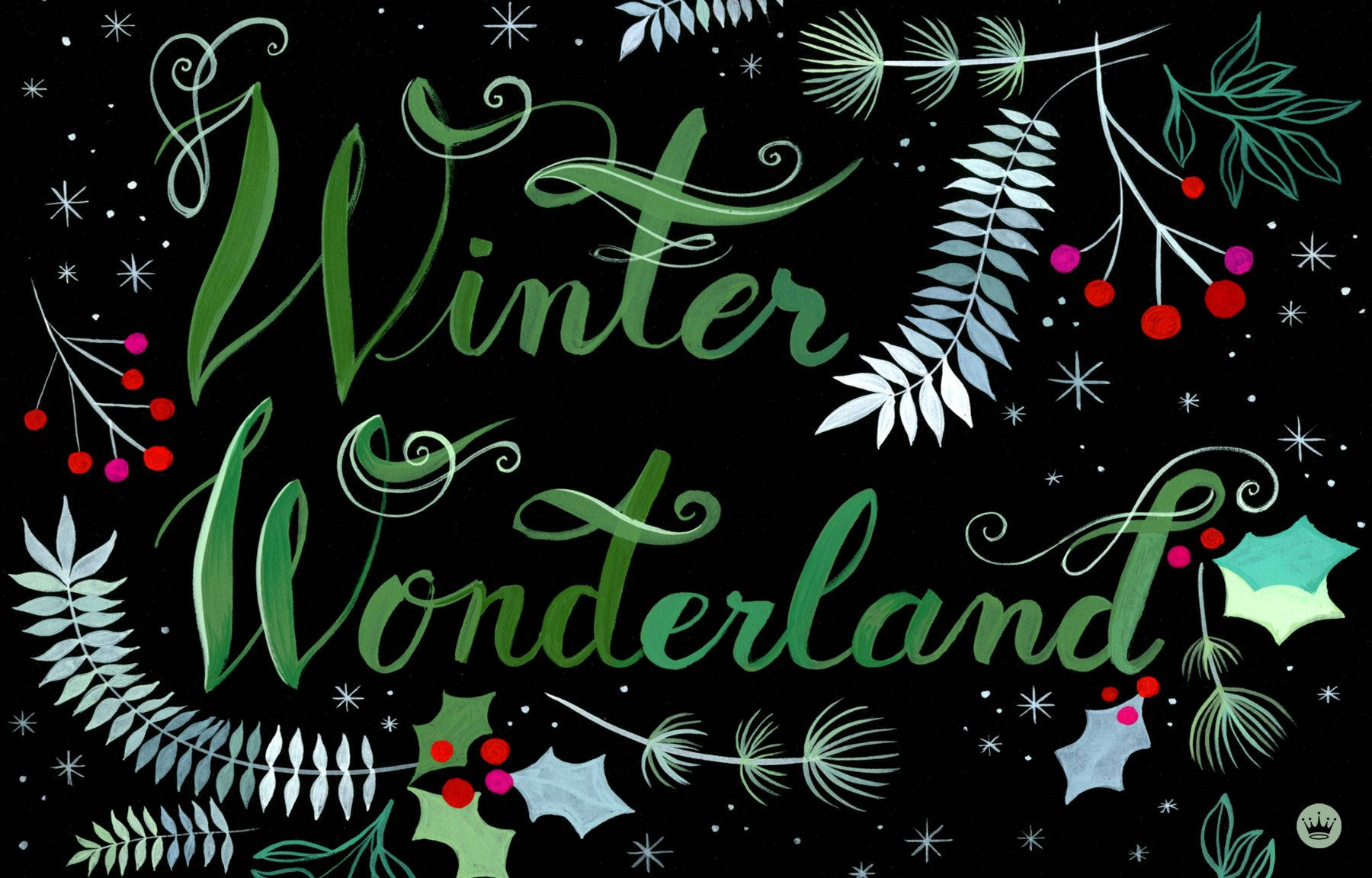 Winter Wonderland 文字以冬青漿果、松針和雪花裝飾，背景為黑色。