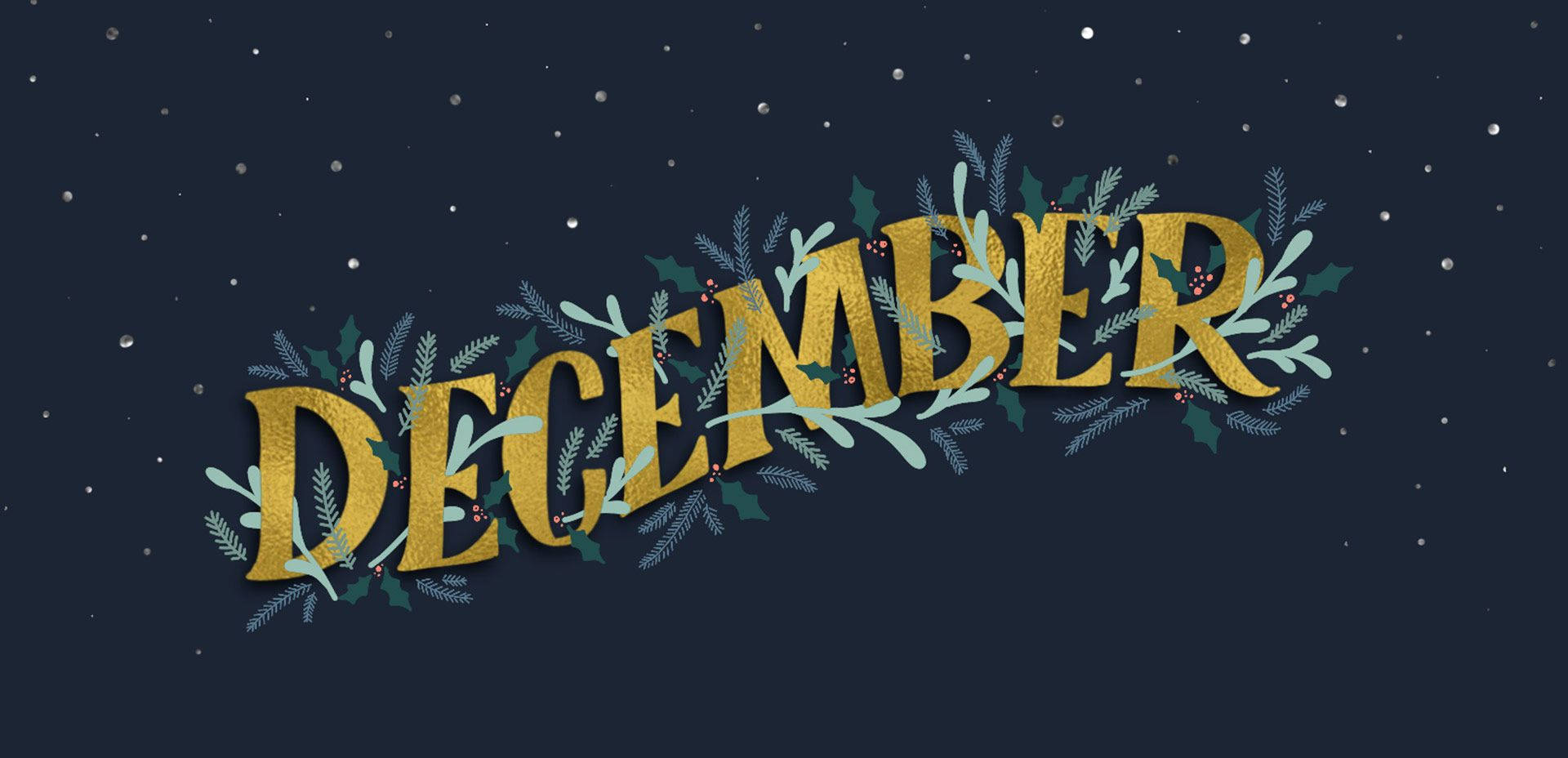 在星光燦爛的夜空背景下，December 文字飾以冬青和漿果。
