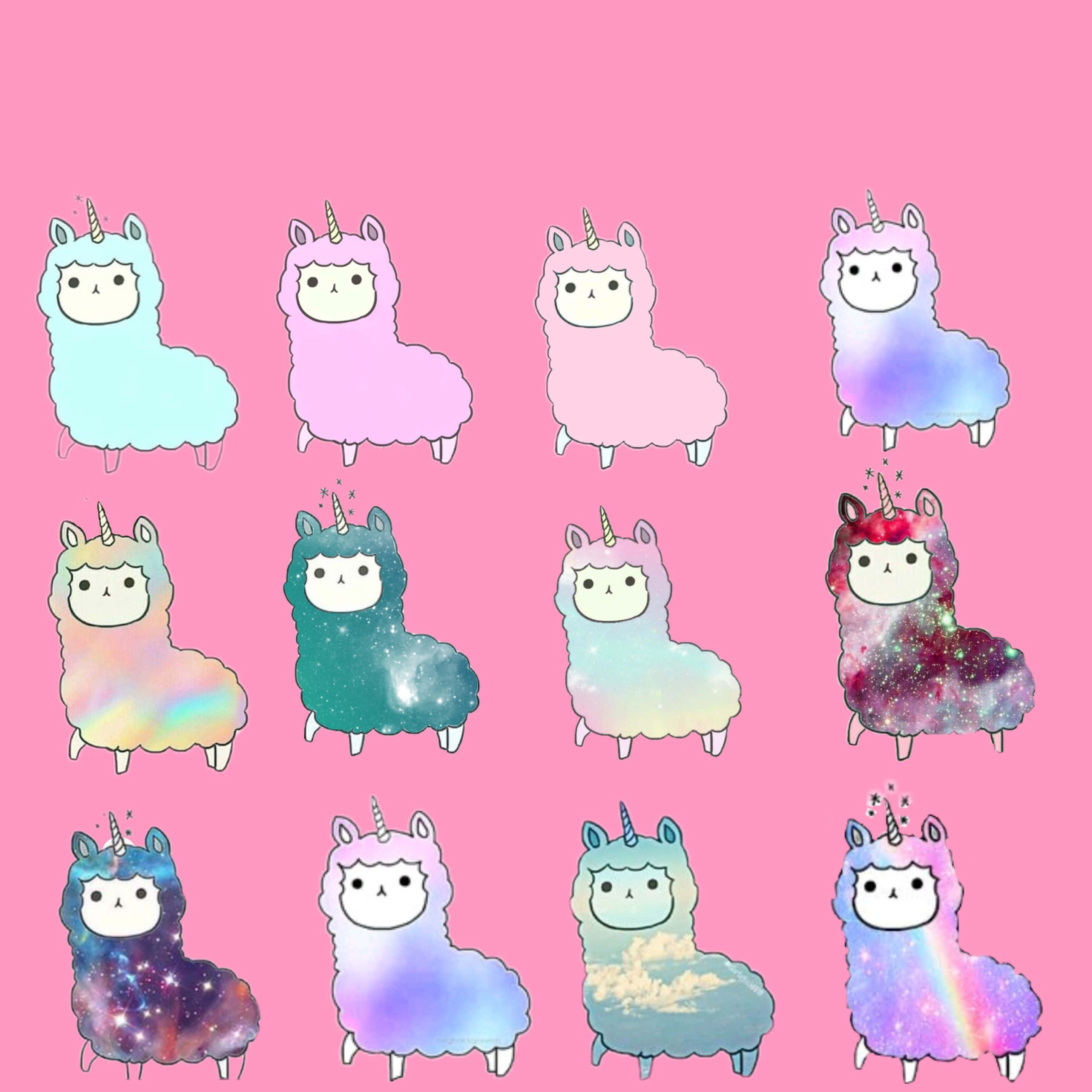 Kawaii Llama 桌布 壁紙 — 十二隻可愛的卡通獨角獸，帶有毛茸茸的彩虹和銀河圖案，排列在網格中，背景為純粉色。