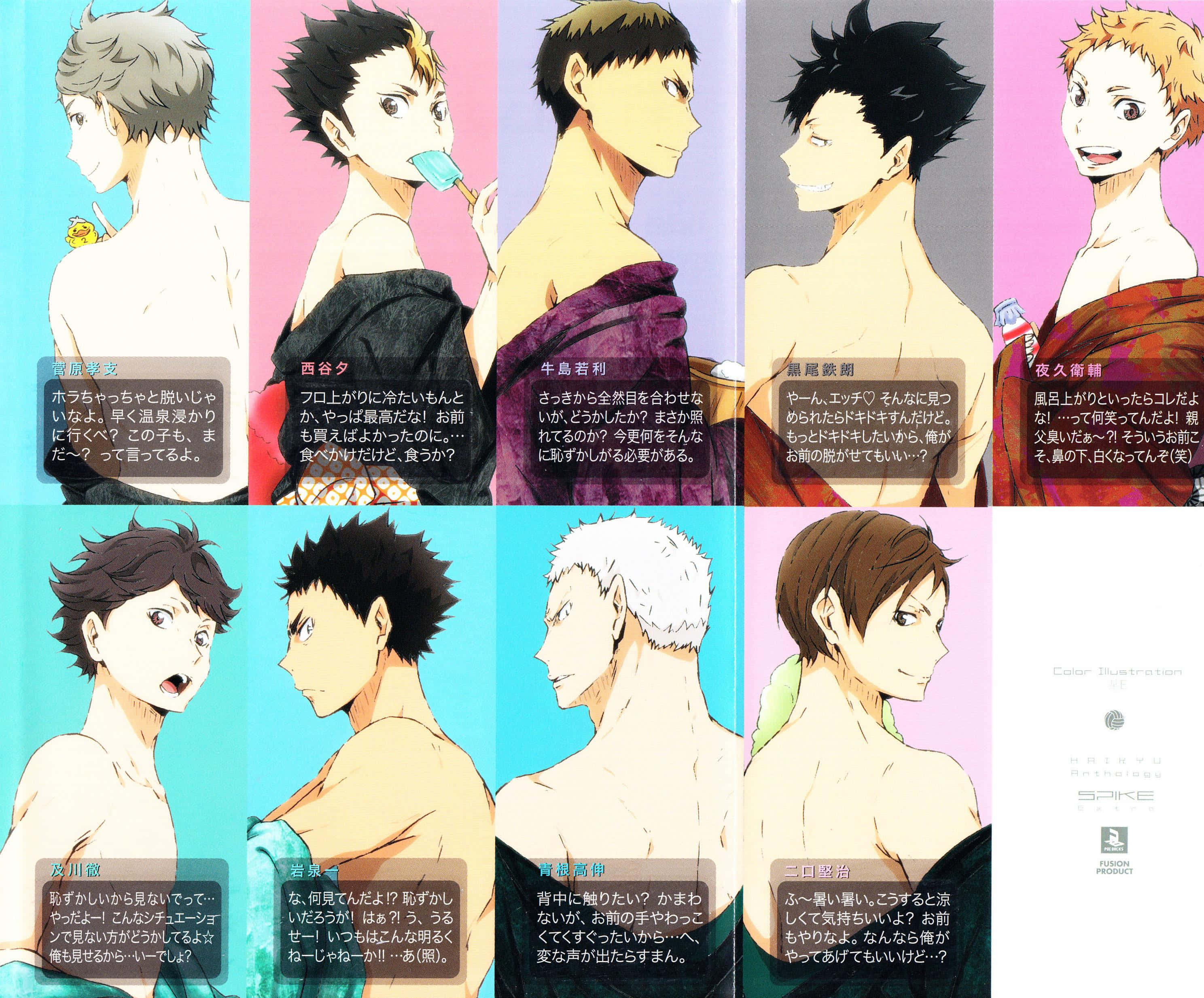 iwaizumi hajime 桌布 壁紙 — 十個動漫角色以側面輪廓展示，搭配色彩鮮豔的純色背景和日文對話氣泡。