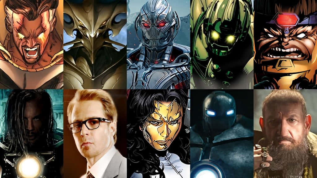 Iron Man Villains 桌布 壁紙 — 十個激烈漫畫和電影角色的拼貼畫，帶有兇猛的表情和戲劇性的燈光。