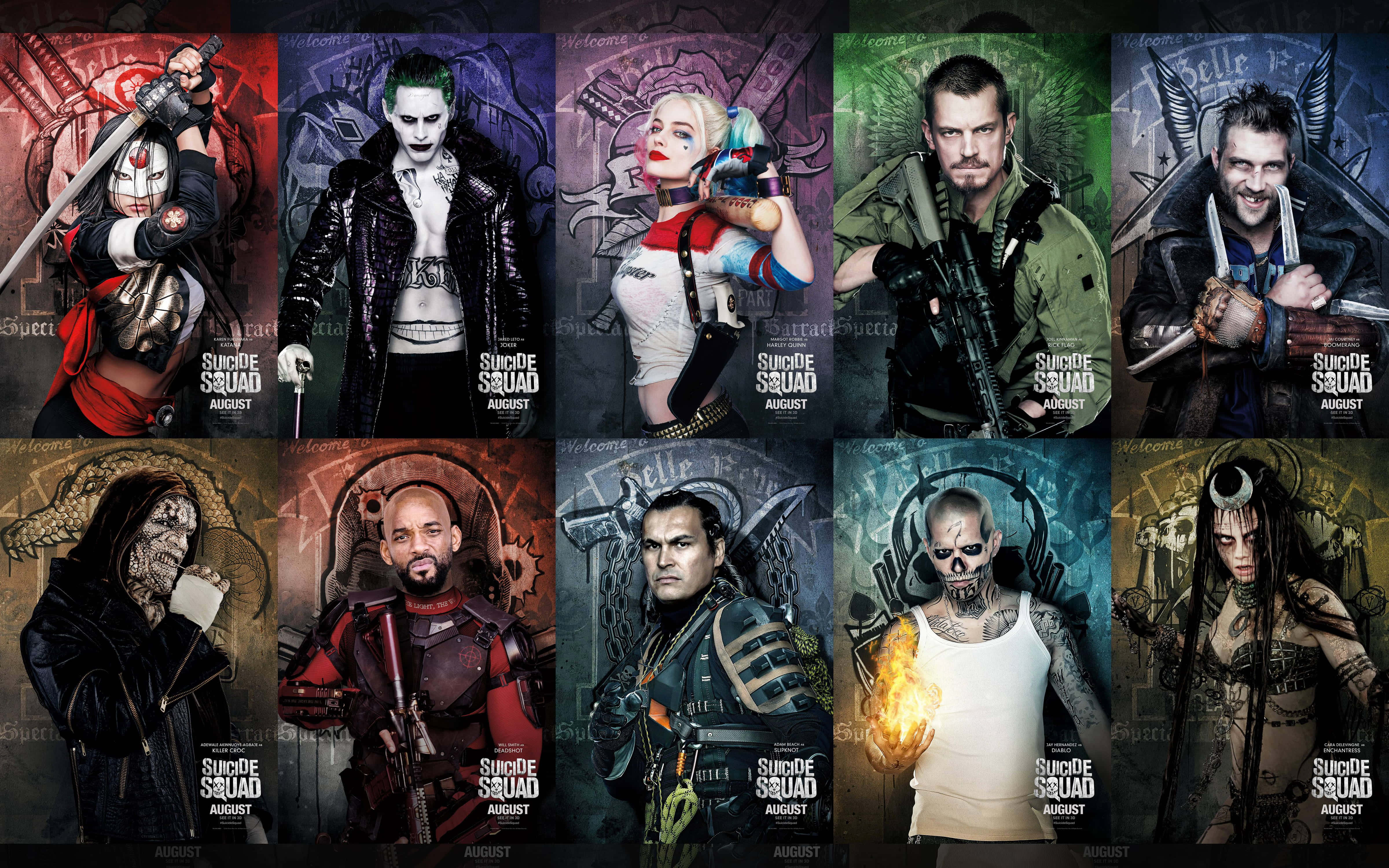Suicide Squad 桌布 壁紙 — 十個自殺突擊隊角色，以粗獷風格肖像呈現，背景陰暗，表情強烈。
