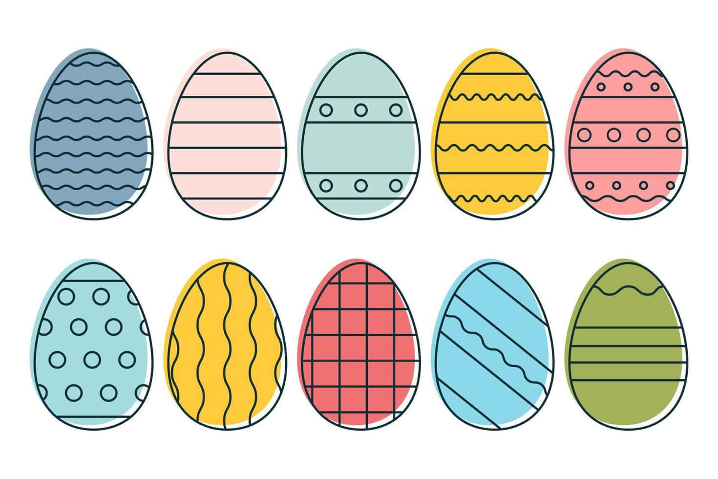 Egg 桌布 壁紙 — 十個色彩繽紛的復活節蛋，帶有條紋、波浪和圓點等俏皮圖案，整齊排列在潔白背景上的兩行中。