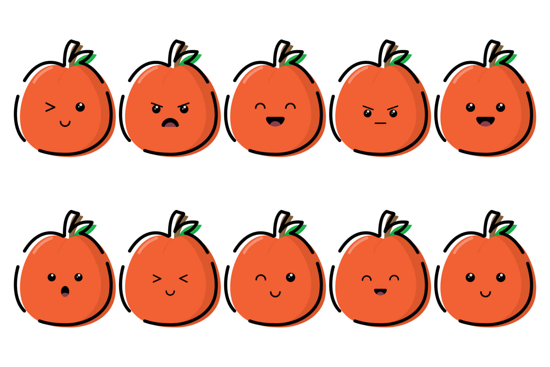 Cute Kawaii Japanese Characters 桌布 壁紙 — 十個表情豐富的卡通南瓜，排成兩行，背景為白色。