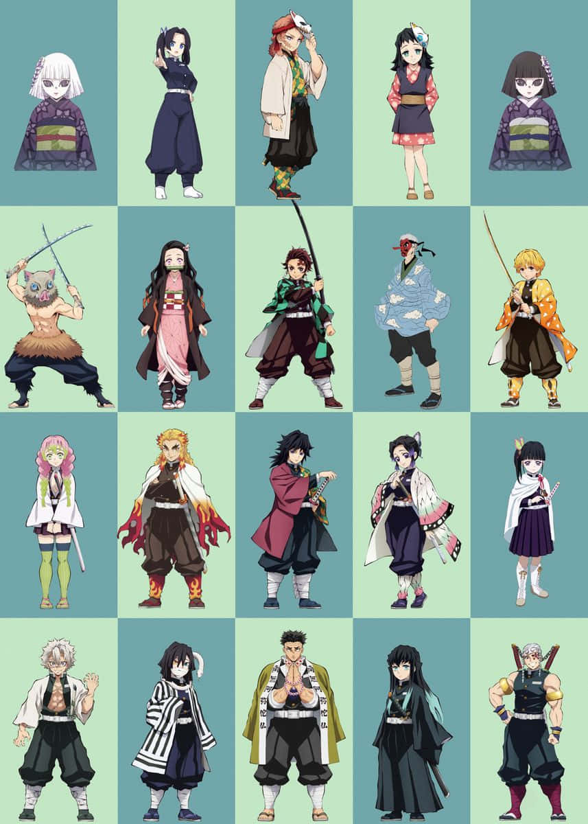 Demon Slayer Characters 桌布 壁紙 — 十六個來自《鬼滅之刃》的動漫角色以不同姿勢和傳統服裝排列在粉彩背景上的網格中。