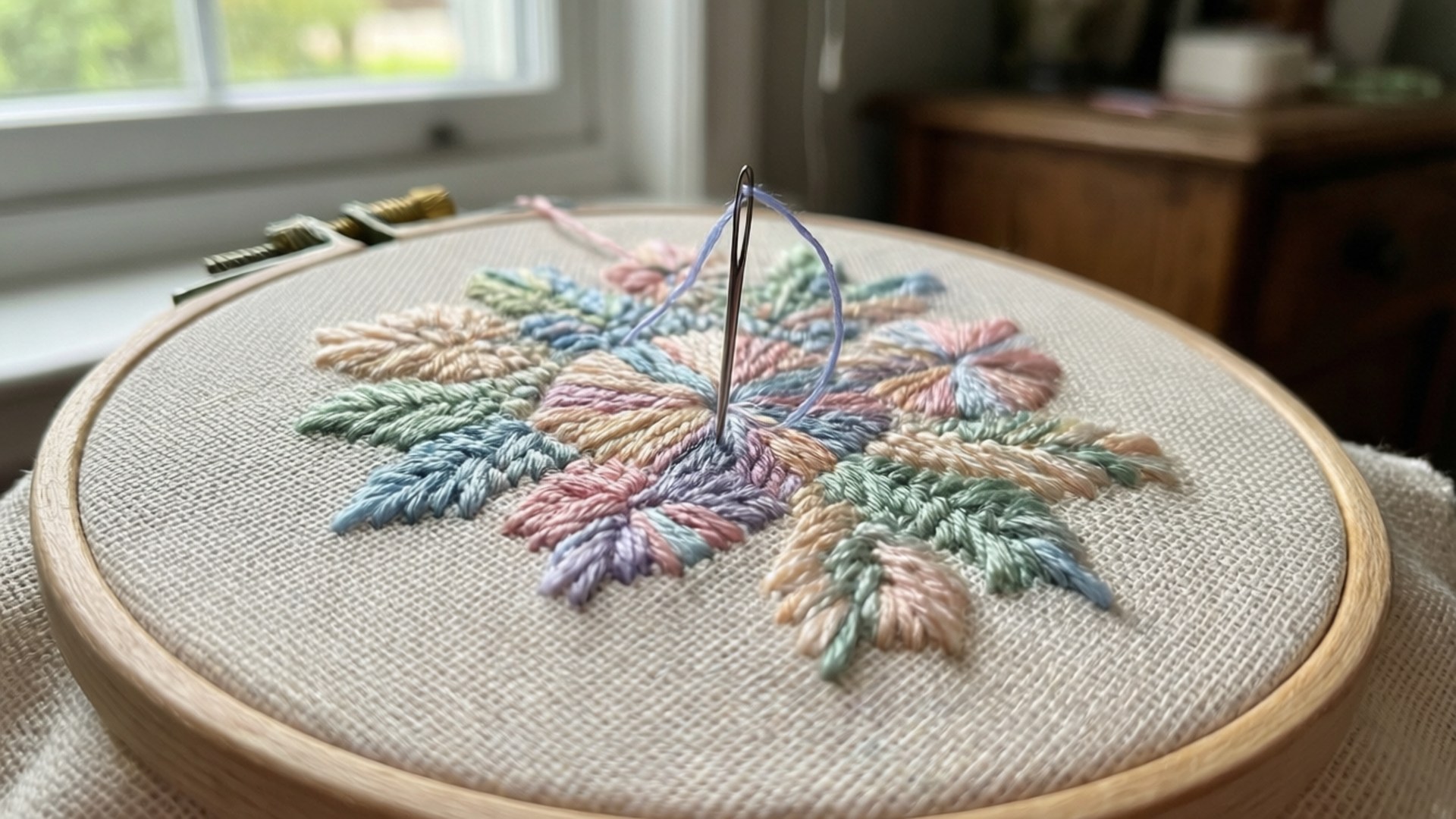刺繡框與花卉圖案及針的特寫