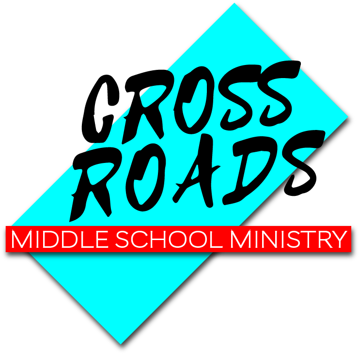 十字路口中學事工標誌 壁紙 — 粗體黑色文字在青色菱形內顯示「CROSS ROADS」，下方紅色橫條上以白色顯示「MIDDLE SCHOOL MINISTRY」。