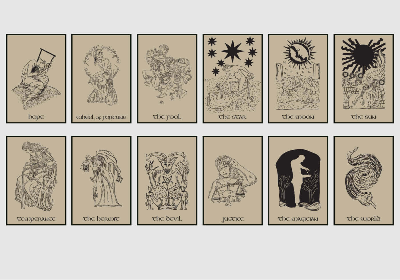 Tarot Card 桌布 壁紙 — 十張塔羅牌，在米色背景上帶有複雜的黑色線條藝術，描繪了神秘符號和人物，如魔鬼和世界。