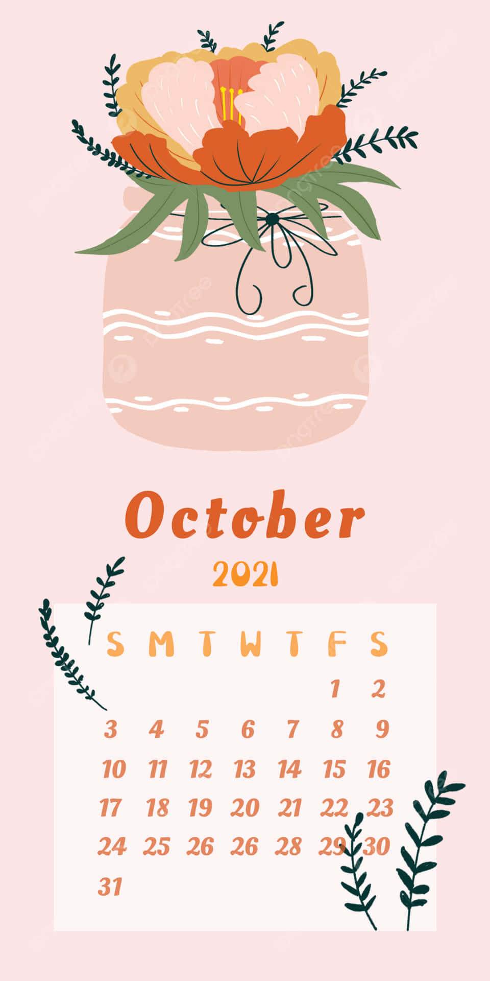 2021年10月日曆，粉紅色背景上帶有花罐插圖。