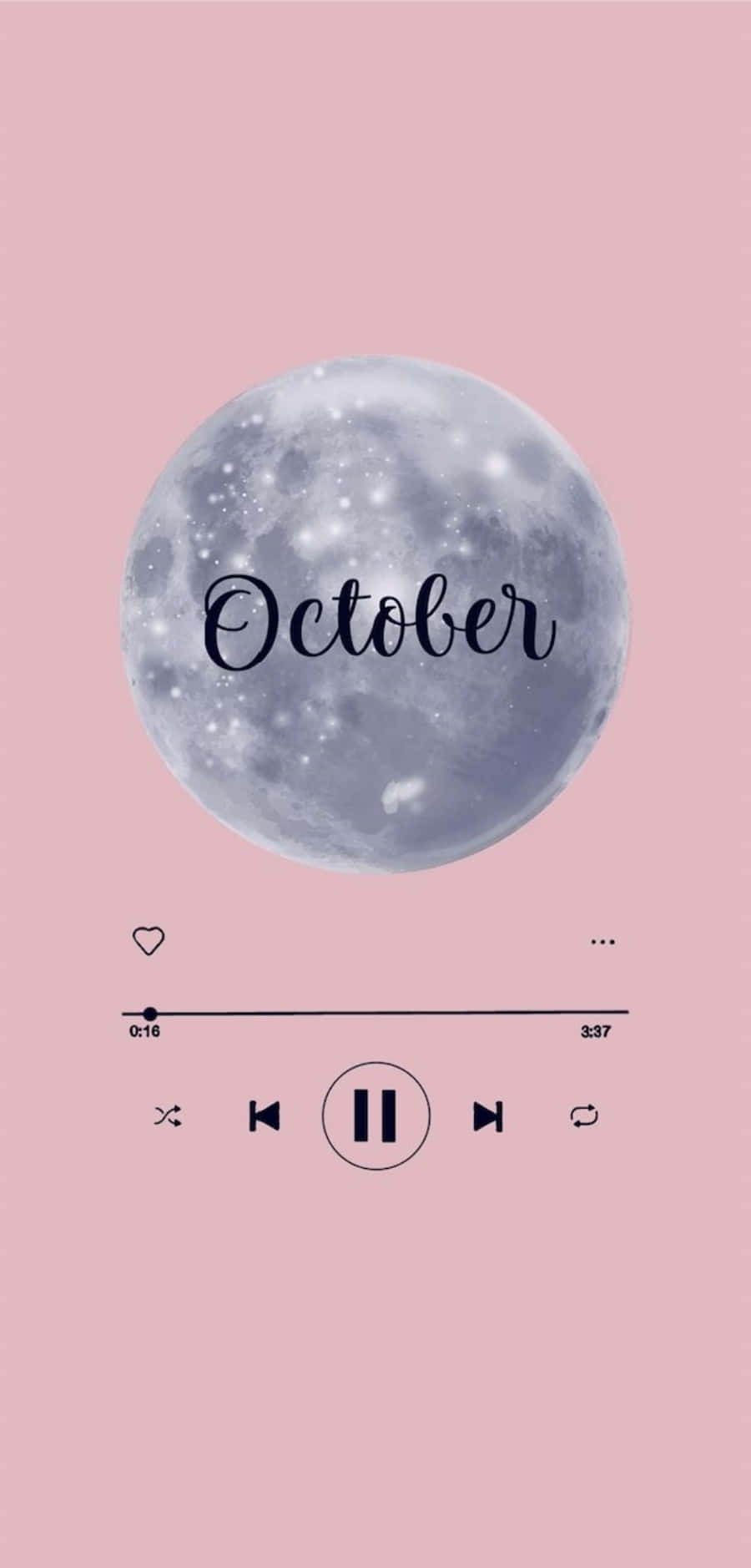 十月粉調手機殼 壁紙 — 粉紅色背景上有一個詳細的月亮，上面寫著October，並覆蓋了極簡的音樂播放器控制項。