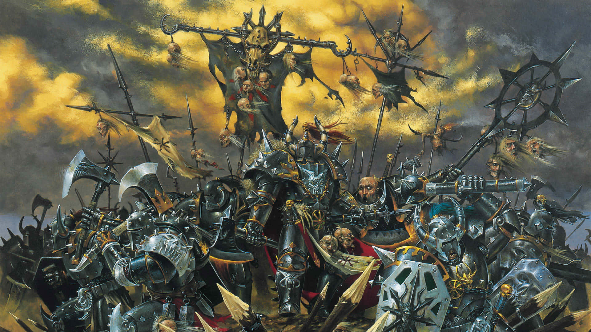 千子軍團對抗死靈族 1920x1080 Total War Warhammer 背景 壁紙 — 混亂的軍隊，由裝甲戰士和怪物般的身影在暴風雨的金色天空下衝突。
