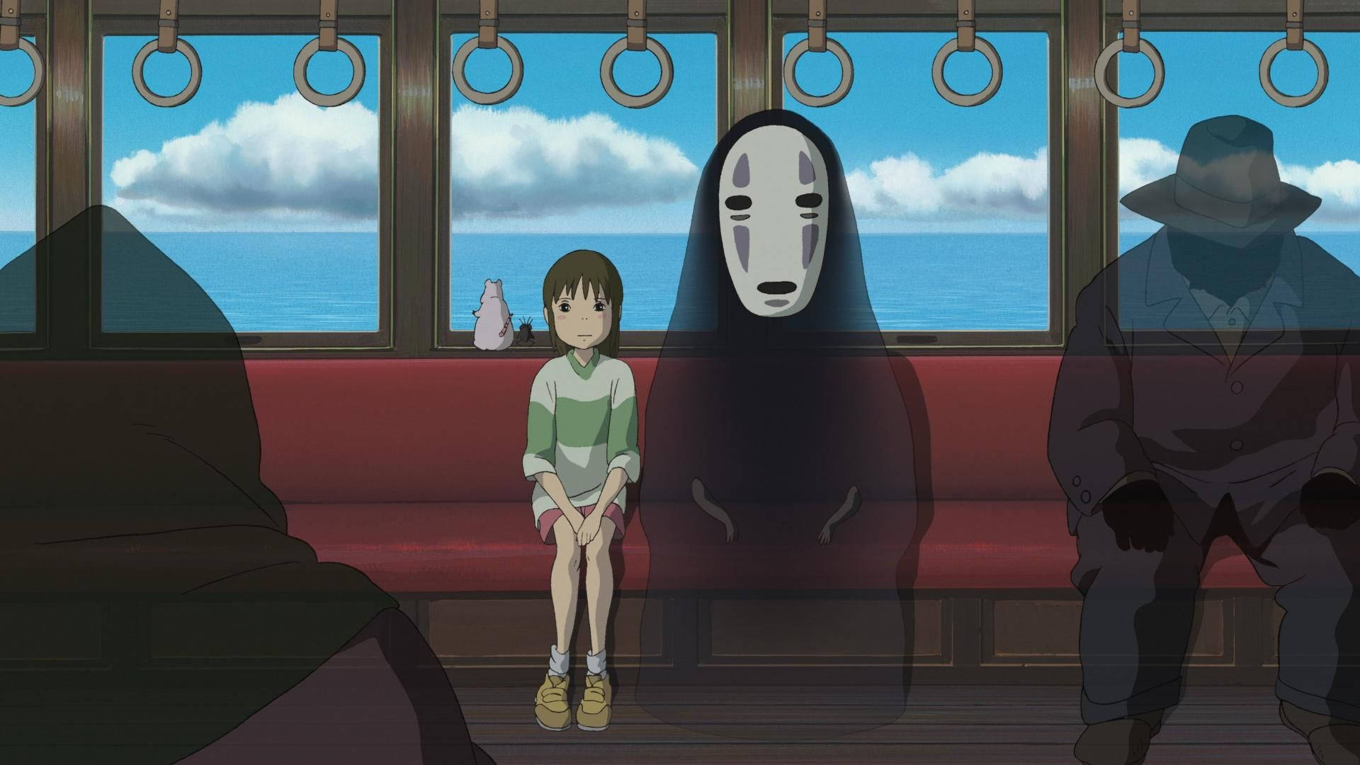 女孩和無臉男在火車上，海洋景色