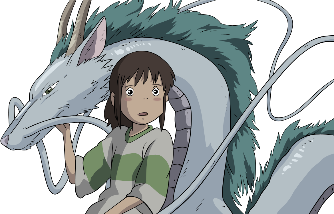 千尋與鯰魚《千與千尋》 壁紙 — 一個棕色頭髮的小女孩平靜地坐在一隻擁有藍綠色鬃毛的白色巨龍旁邊，背景為黑色。