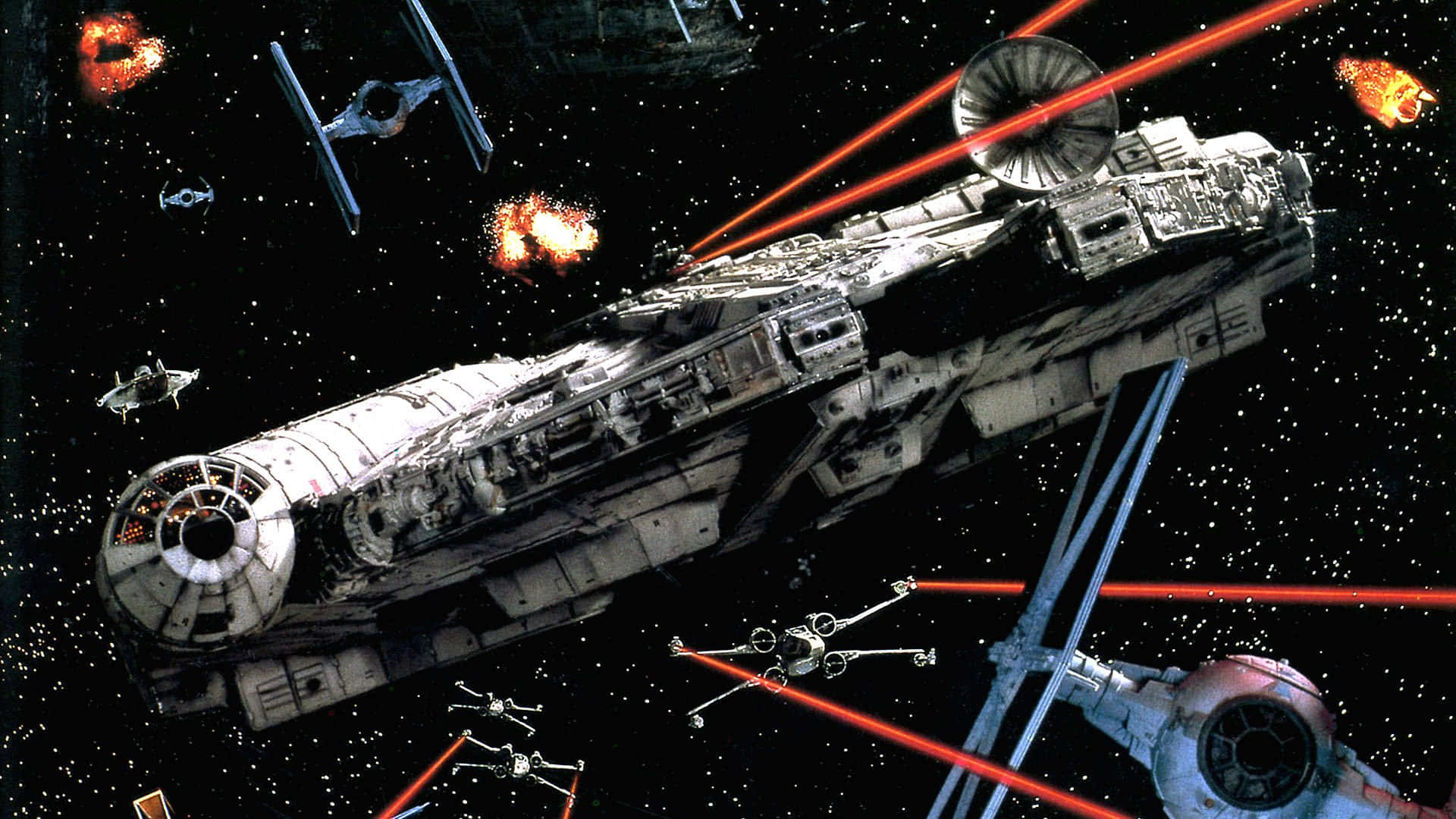Return Of The Jedi 桌布 壁紙 — 千年鷹號在星域和敵方TIE戰鬥機中躲避激光火力和爆炸，進行一場混亂的太空戰鬥。