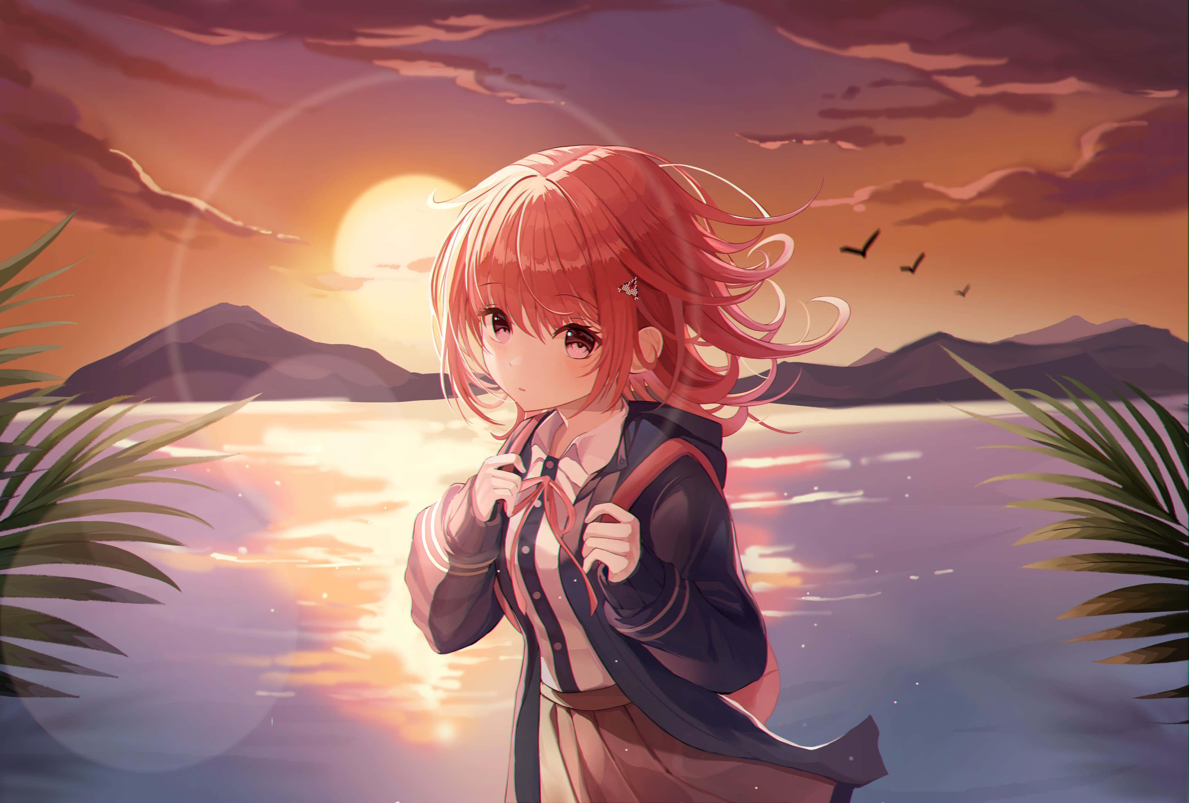 千紗南美夕 Danganronpa 壁紙 — 一位紅髮動漫女孩穿著校服，在日落時分站在寧靜的湖邊，山脈和棕櫚葉框住了場景。