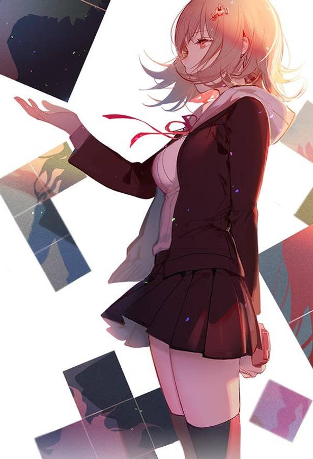 千紗南美與Spike Chunsoft 壁紙 — 穿著校服的動漫女孩向漂浮的抽象照片碎片伸出手，碎片散發著溫暖的光芒。