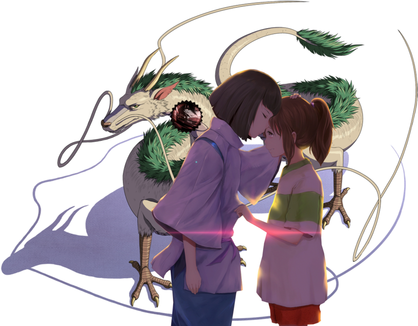 《千與千尋》中白龍與千尋的溫柔時刻 壁紙 — 兩個女孩在黑暗背景前溫柔地擁抱一隻擁有綠色鬃毛和發光眼睛的神秘白龍。