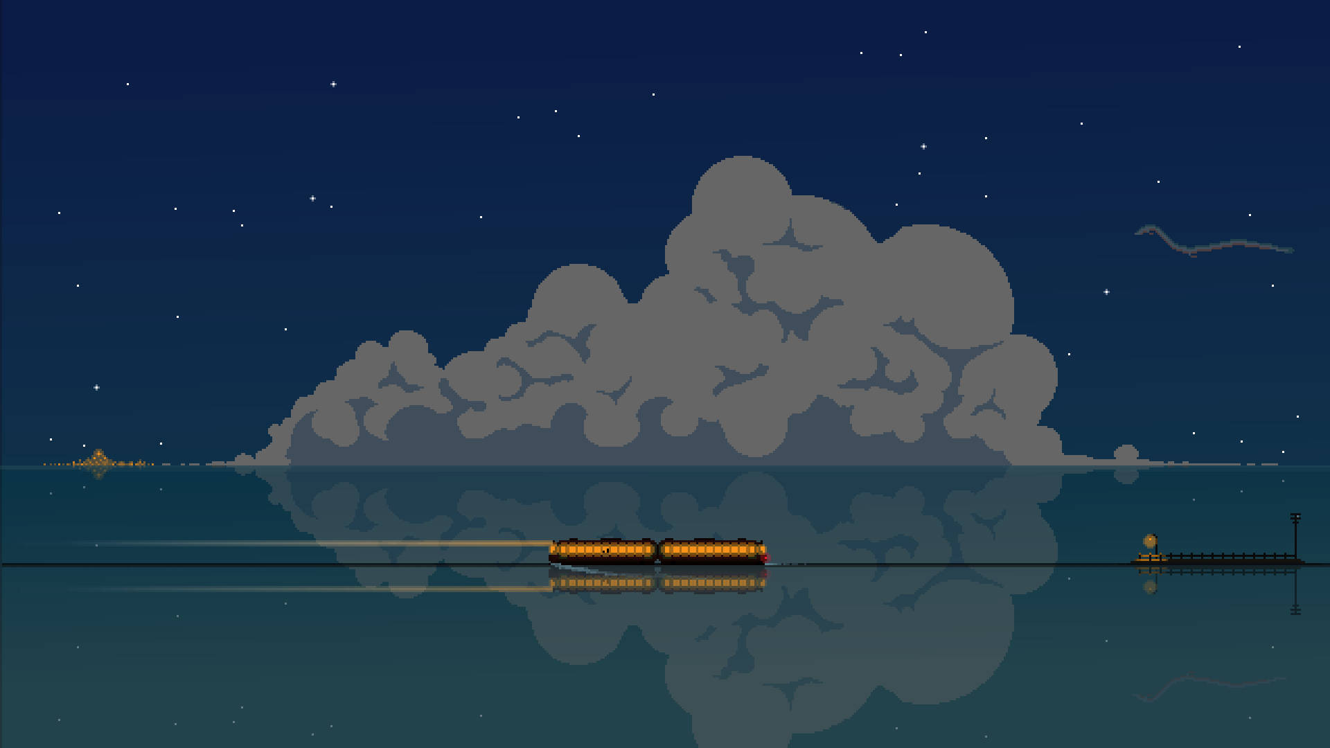 像素藝術火車在星空和雲下穿越平靜的夜湖。