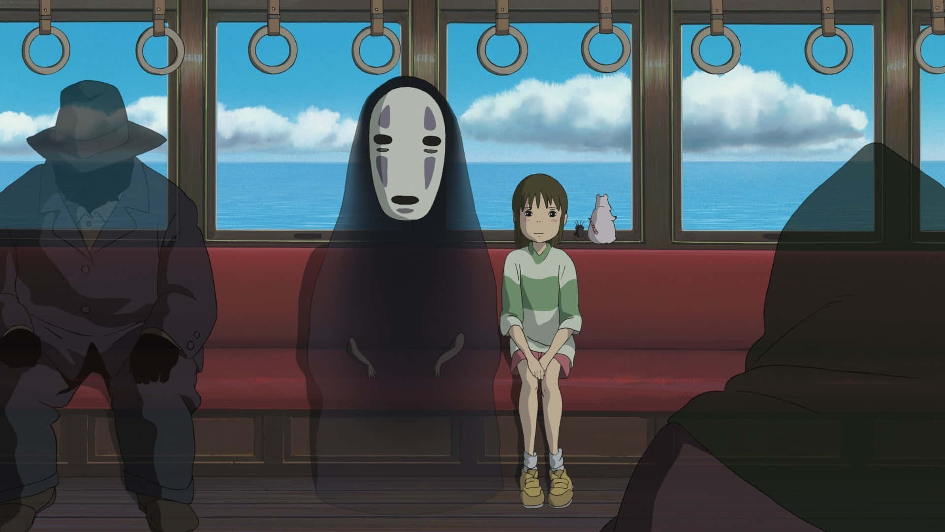 《千與千尋》千尋的冒險旅程 壁紙 — 一個年輕女孩坐在一列有海景和陰影乘客的火車上，旁邊是沉默的無臉男。