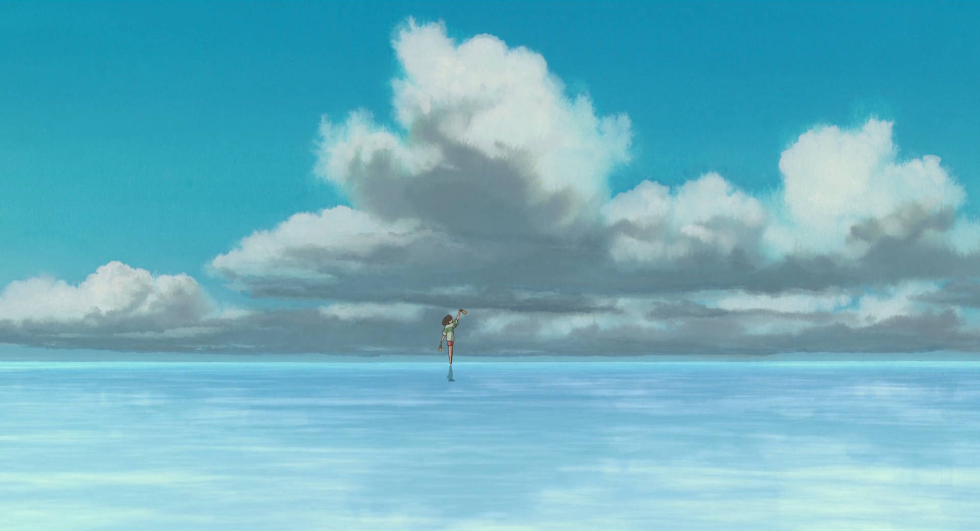 動漫女孩站在雲海上，天空湛藍。