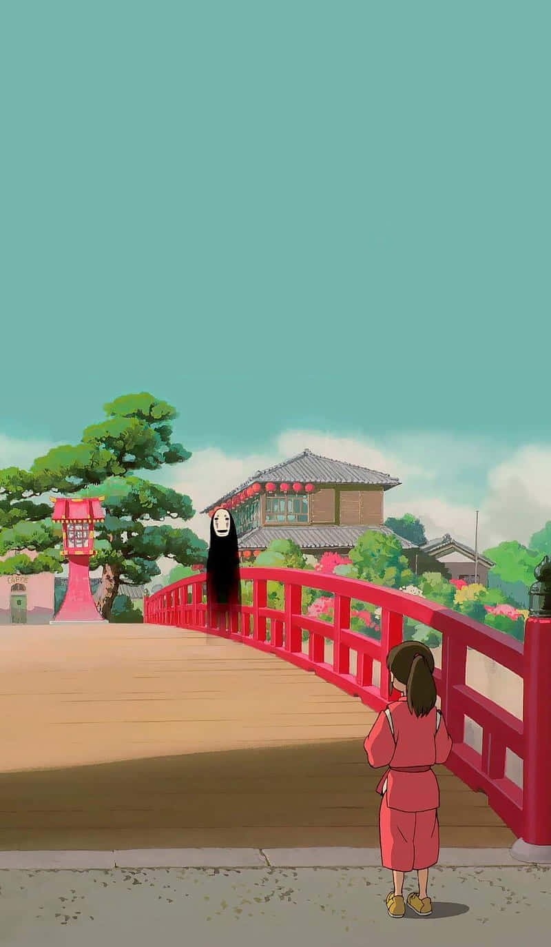 穿著粉紅色長袍的女孩在動畫日本村莊場景中，在紅色橋上面對鬼魂。