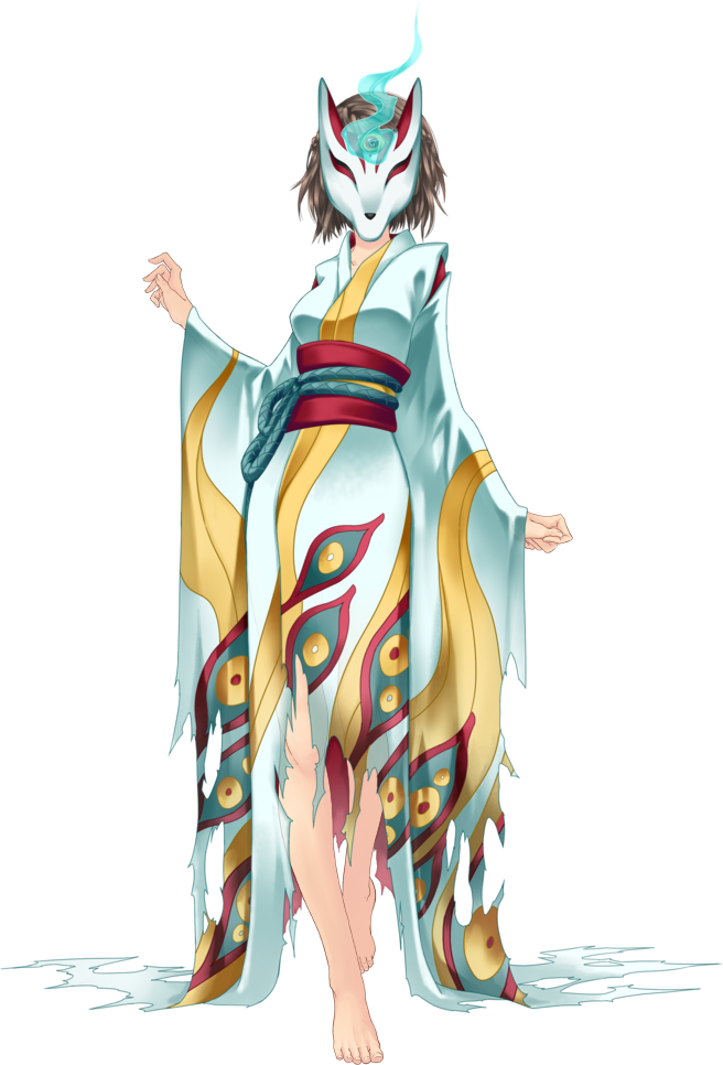 《千與千尋》白龍人形形象 壁紙 — 一隻狐妖穿著飄逸的白金色和服，戴著青綠色的面具，赤腳站在黑色背景上波光粼粼的水面上。