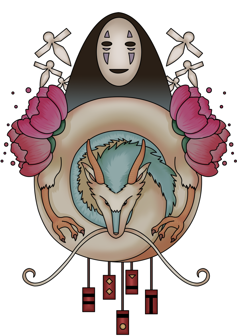《千與千尋》角色藝術圖 壁紙 — 《千與千尋》中無臉男抱著狐狸靈體的風格化插圖，置於圓形框架內，框架飾有粉紅花朵和風車狀裝飾。