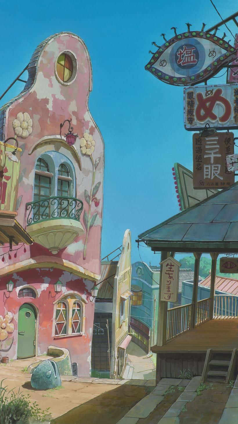 藍天下色彩繽紛的動漫風格街道，有粉色建築和日語招牌。
