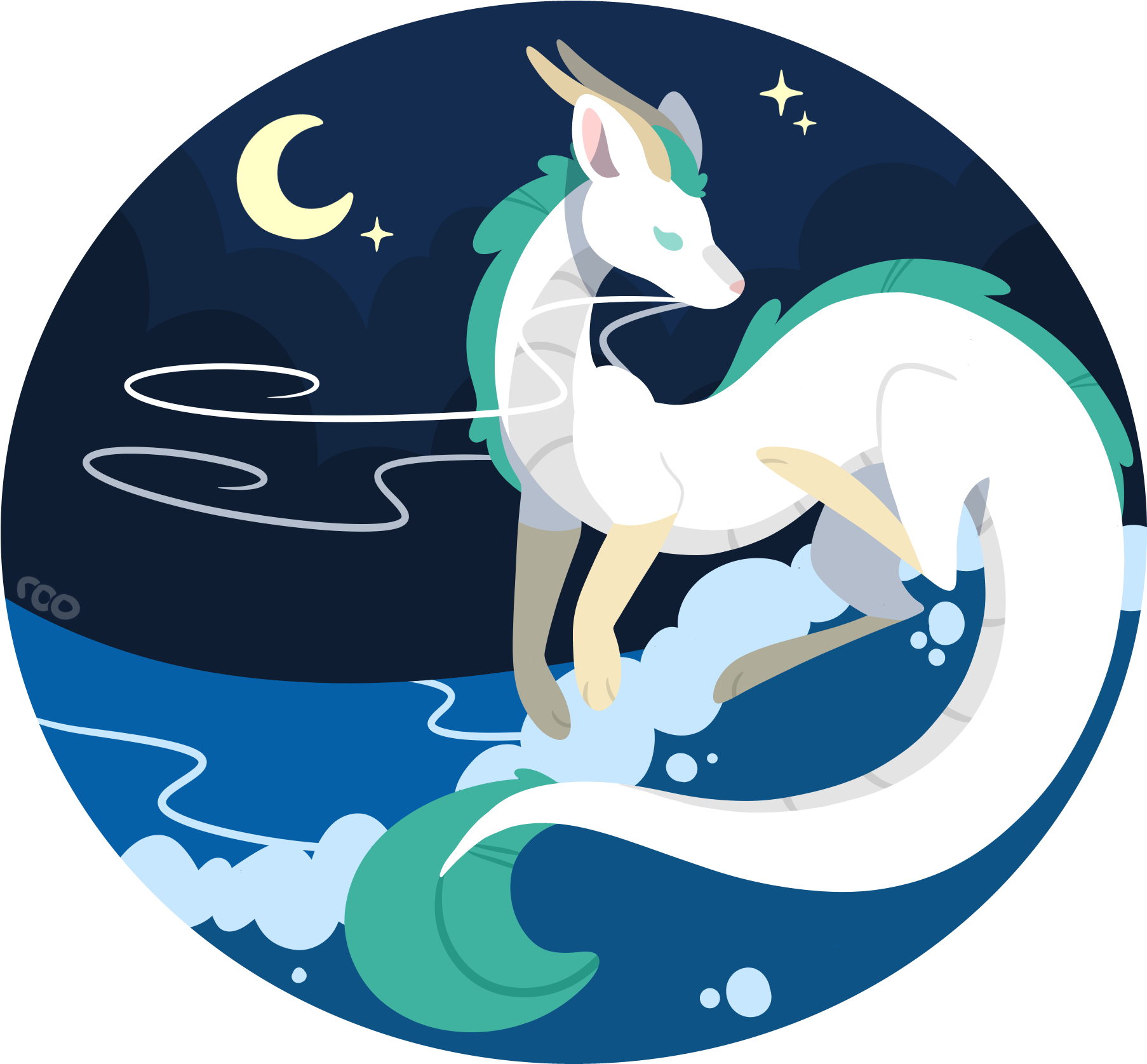 《千與千尋》龍與夜空 壁紙 — 一隻白色神話生物，擁有綠色鬃毛和尾巴，在彎月和星星下優雅地躍過海浪。