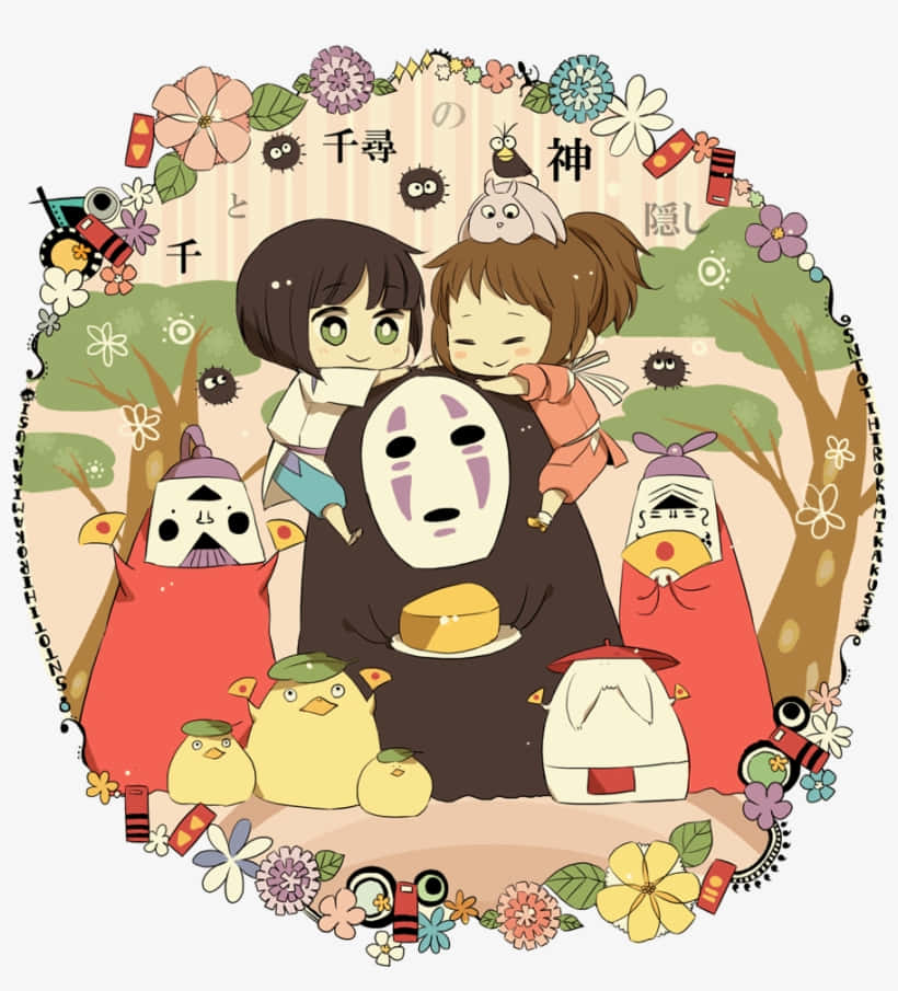 《千與千尋》角色包括無臉男和千尋在歡快的森林中與花朵一起。