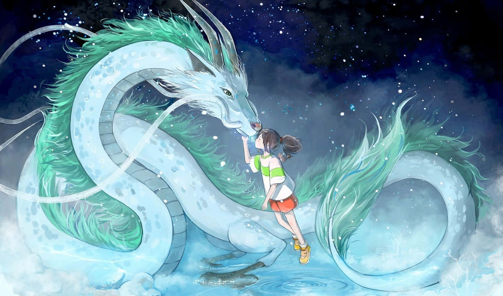 女孩在星空中溫柔地觸摸一隻巨大的發光龍。